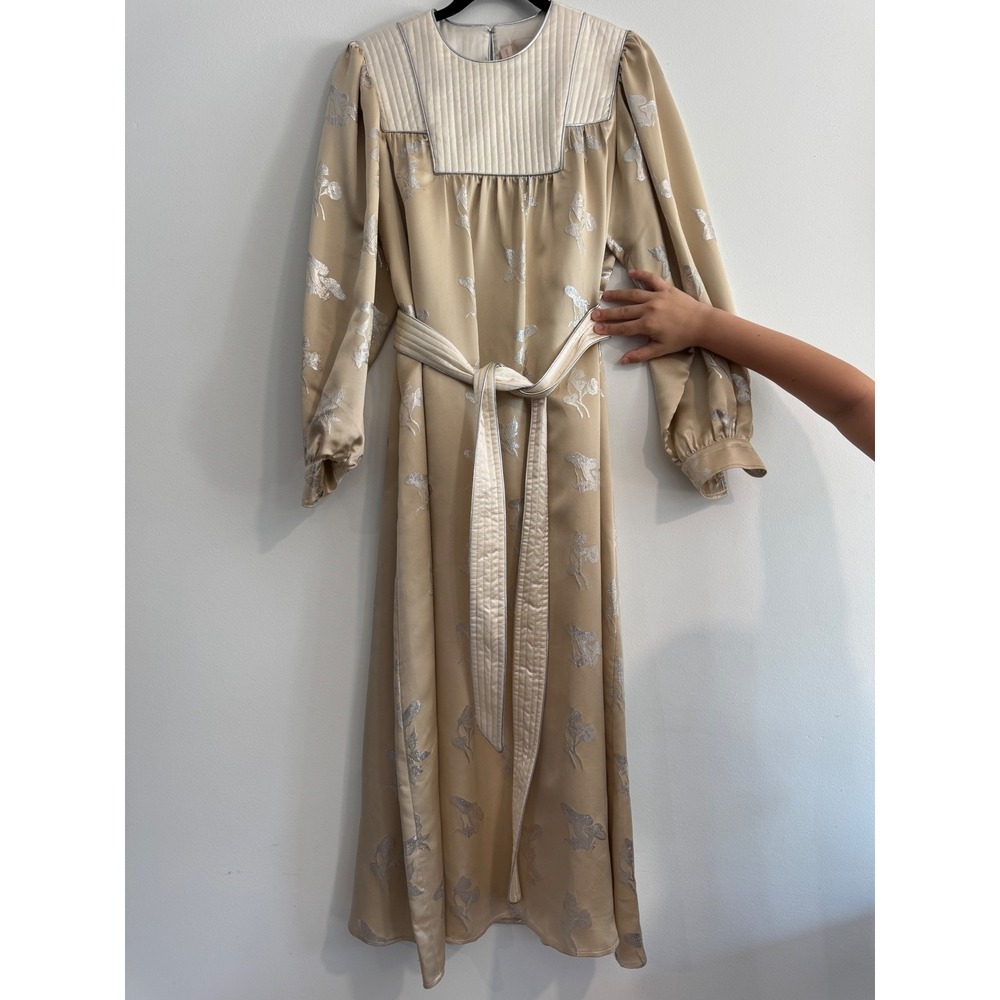 Tory Burch Mushroom Lurex Satin Gown Womens M Champagne Jacquard dress luxury - Picture 6 of 13
